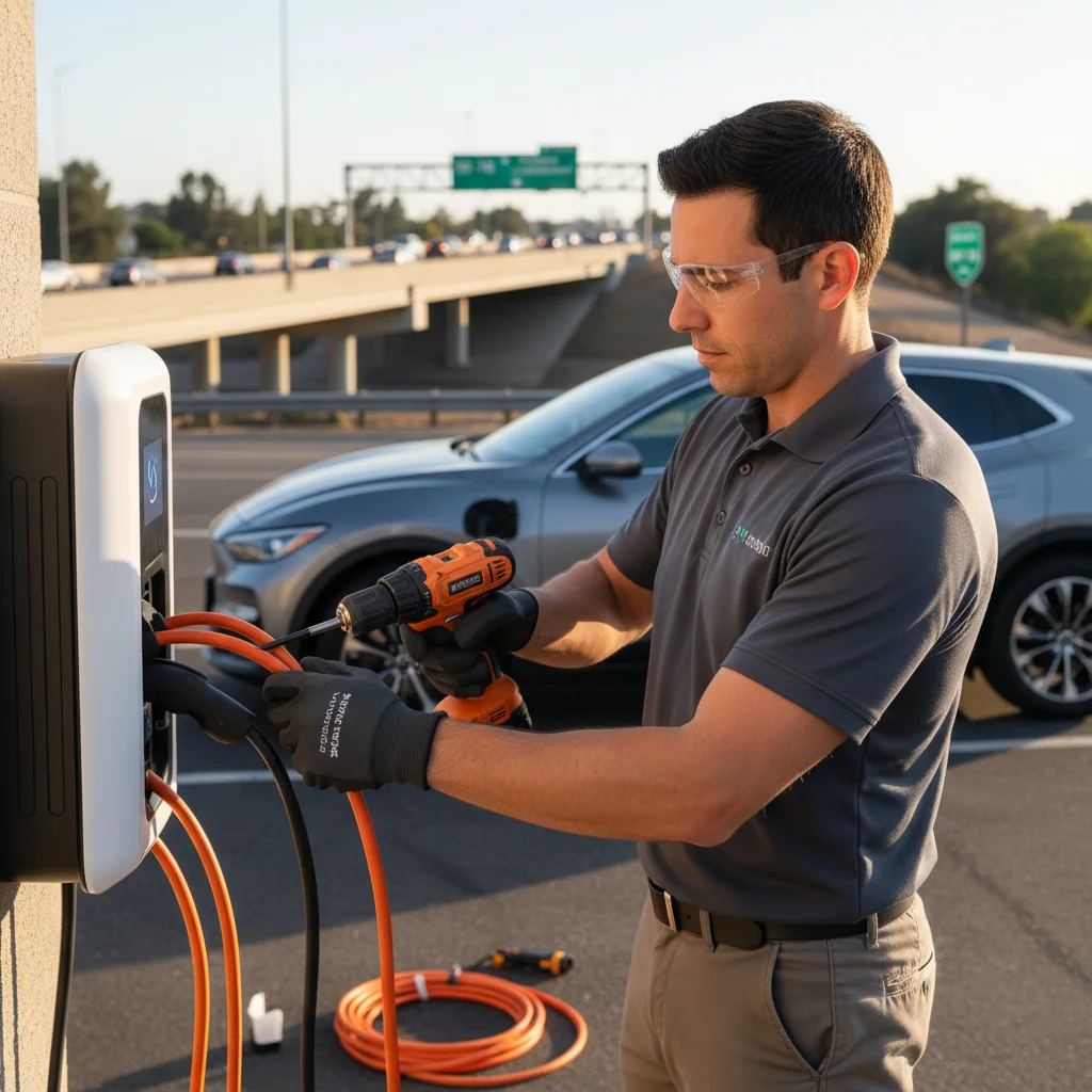 A technician connecting a portable charge cable to an EV on a paved shoulder
