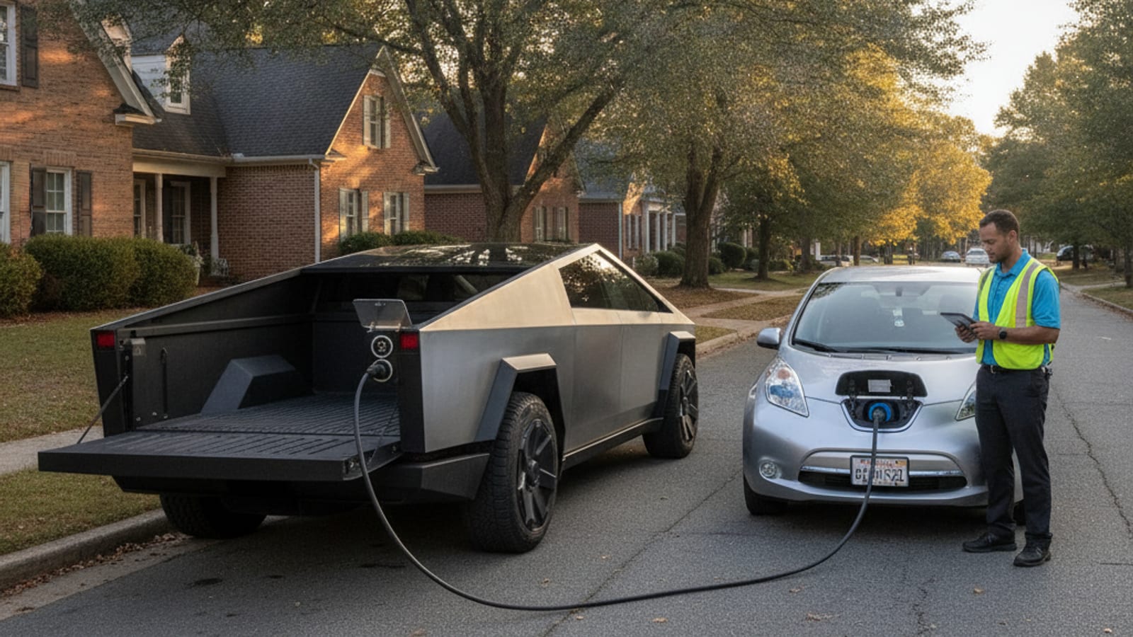 Roadside charging van parked behind a stalled electric car on a paved shoulder