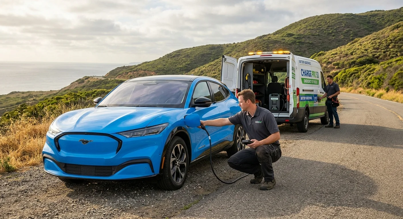 An electric crossover on a road shoulder as a mobile rescue vehicle pulls up to help
