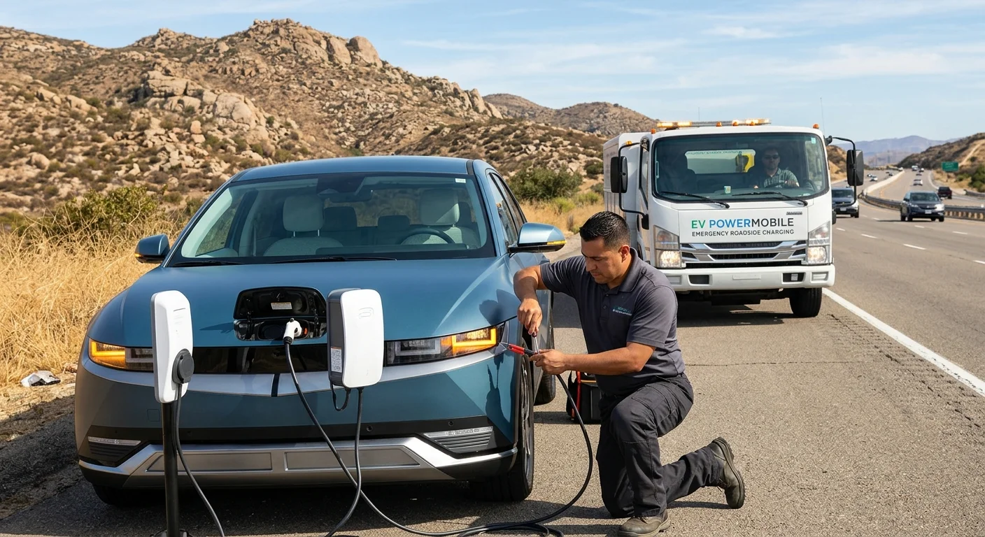 An electric SUV on a highway shoulder as a mobile charging van rolls up behind it