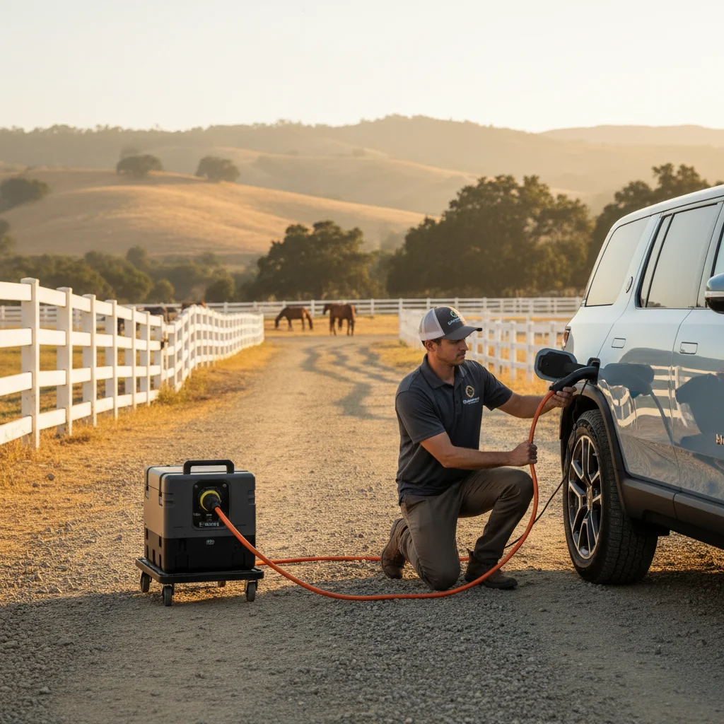 Person connecting a portable charger cable to an electric SUV in a driveway