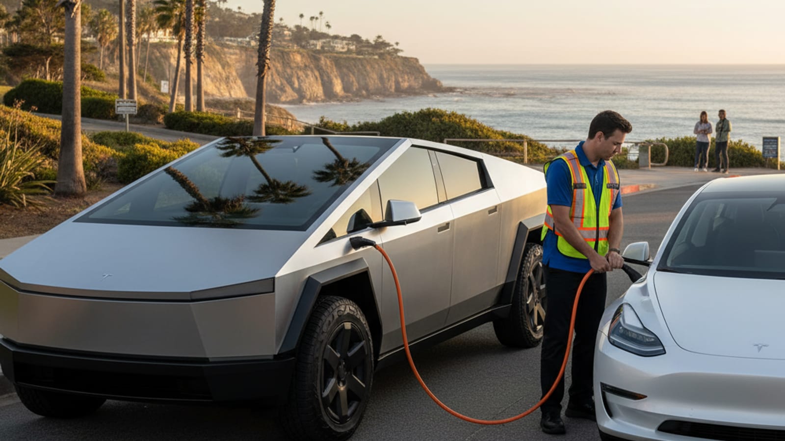 A stopped electric car on a highway shoulder while a helper stands at the open charge port