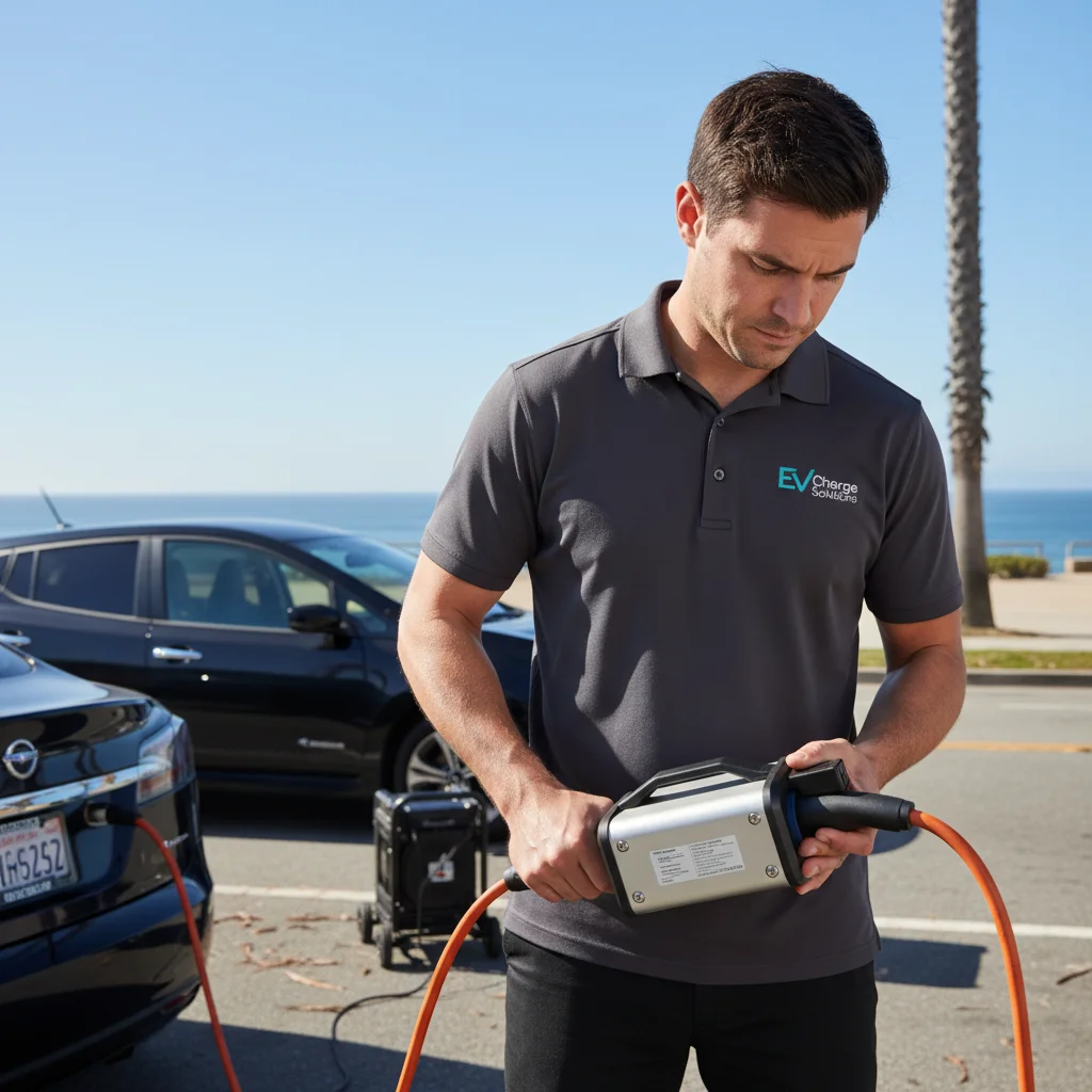 A charging cable plugged into an EV port beside a rescue vehicle on the shoulder