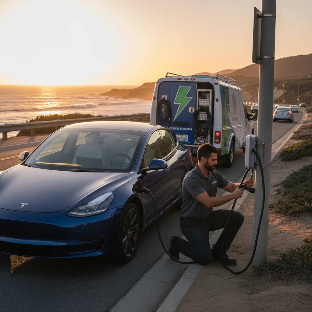 A parked electric car on asphalt with a charging cable held near the rear hatch