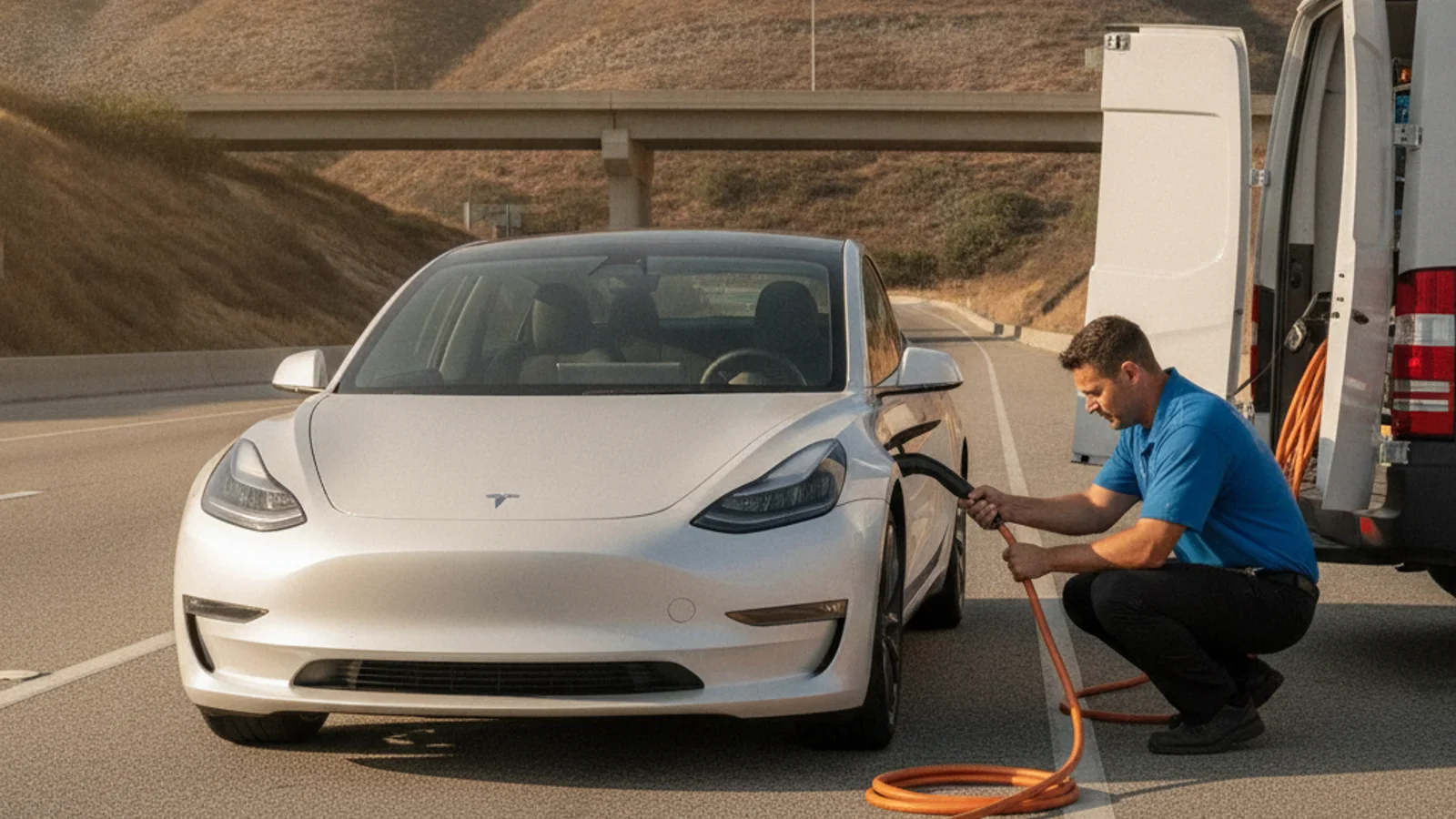 Electric vehicle parked on a paved highway shoulder with hazard lights on