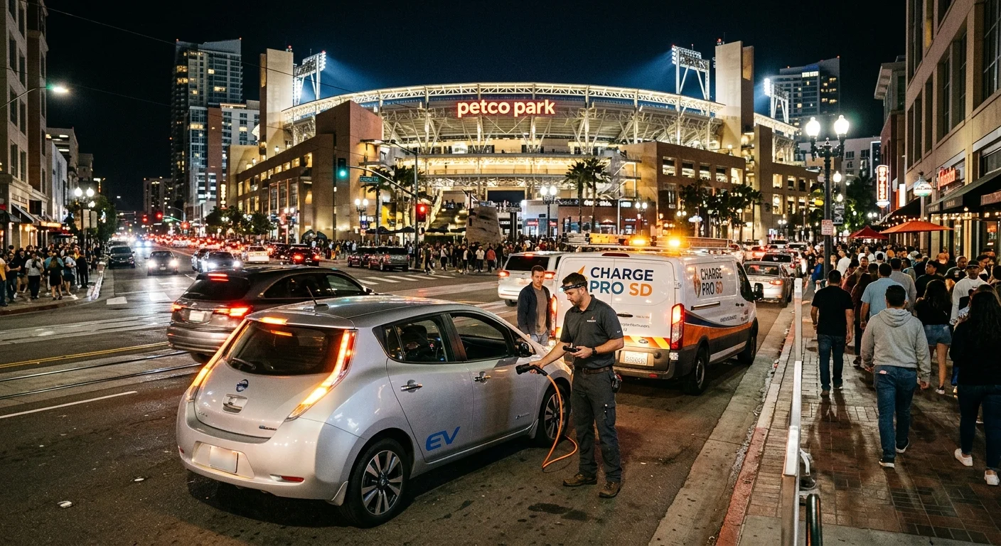 Stranded electric car with hazard lights on a crowded night street as a mobile charging van pulls up