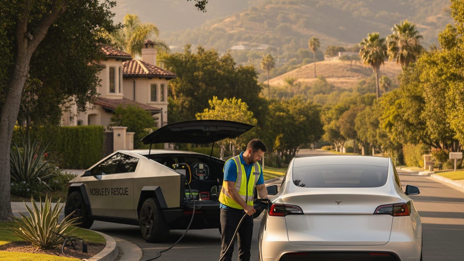 Dark luxury electric SUV on a paved shoulder with hazard lights on at dusk