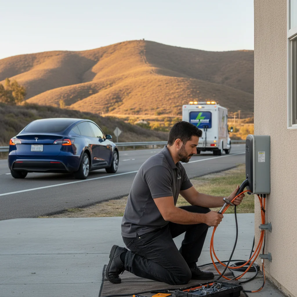 Dark EV on a paved shoulder with a mobile charger cable in the charge port
