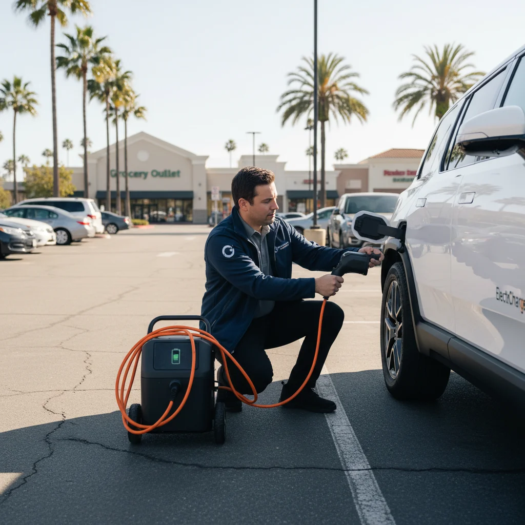 Technician attaching jumper leads at an open EV 12-volt compartment