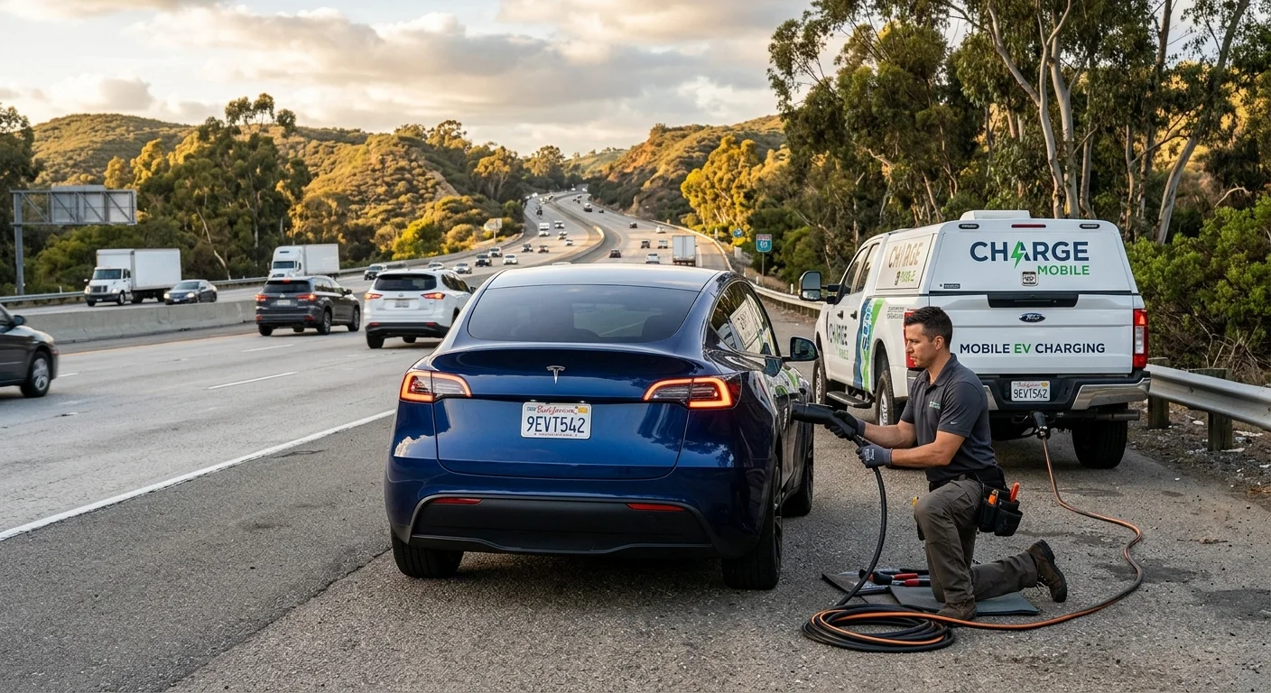 Electric SUV stopped on a freeway shoulder with hazard lights on in daylight