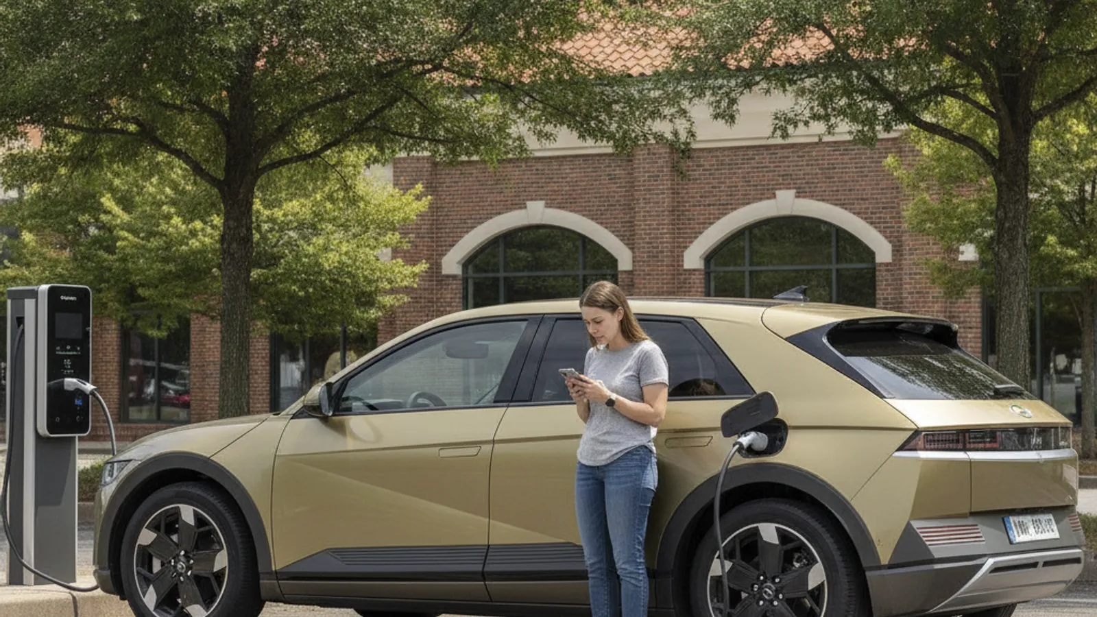 A driver stands beside an EV at a public charging kiosk with an error light in a parking garage