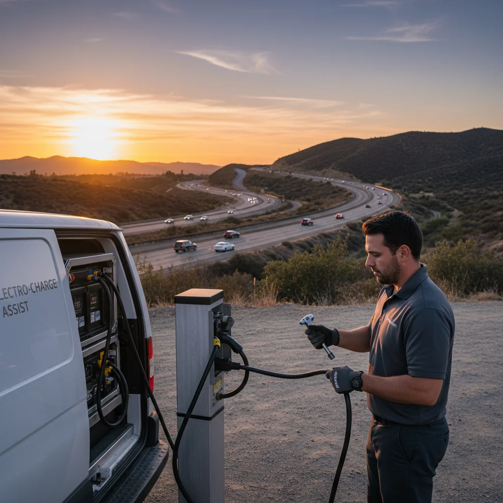 An electric car stopped on a highway shoulder as a mobile charging van pulls in behind it
