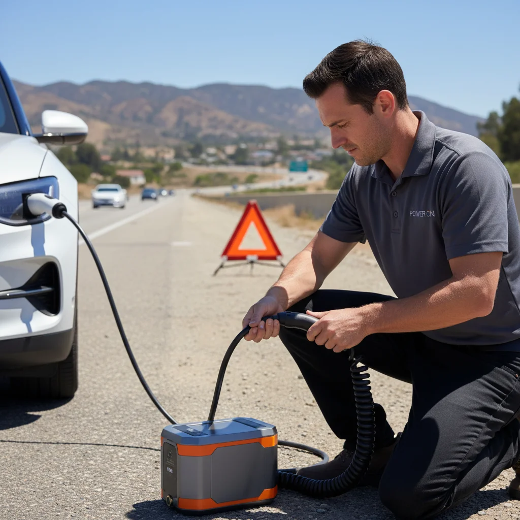 A technician connecting a portable charging cable to an EV parked on a paved shoulder