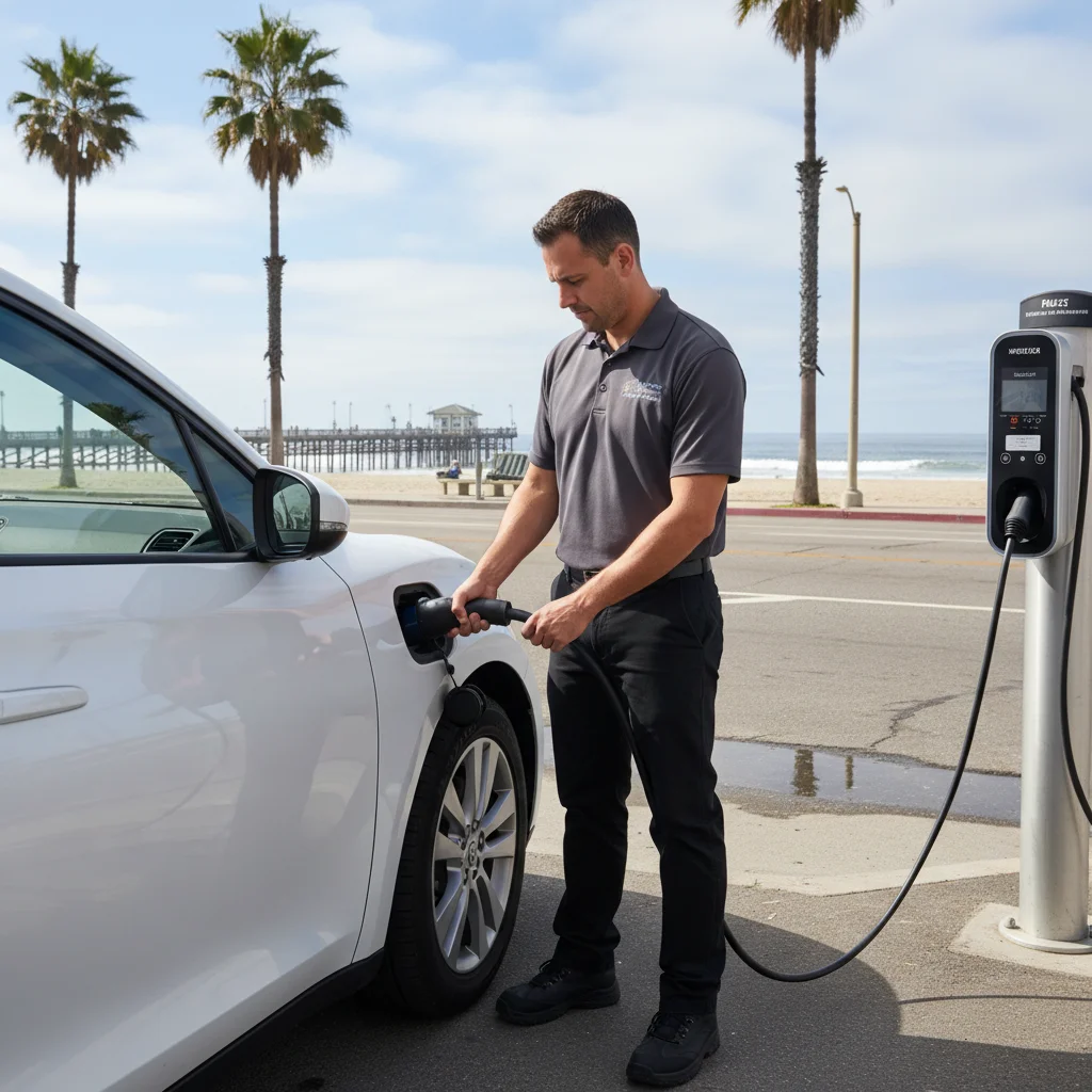 A technician connecting a portable charger cable to an EV at the curb