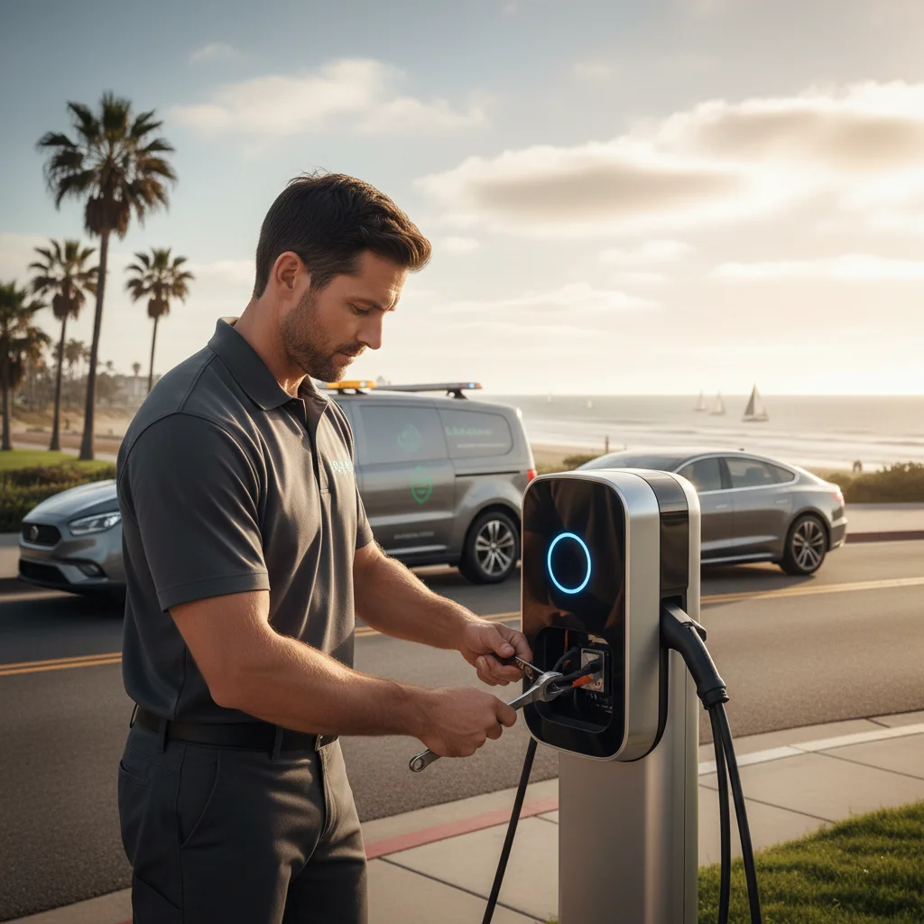 Mobile charging van beside a dark EV on asphalt, with a cable run to the car's charge port