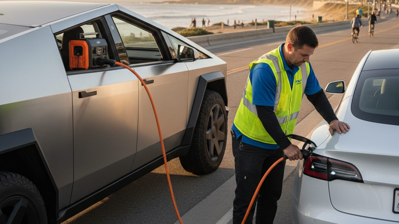 A parked electric car on a paved shoulder with a charging cable held near the rear hatch