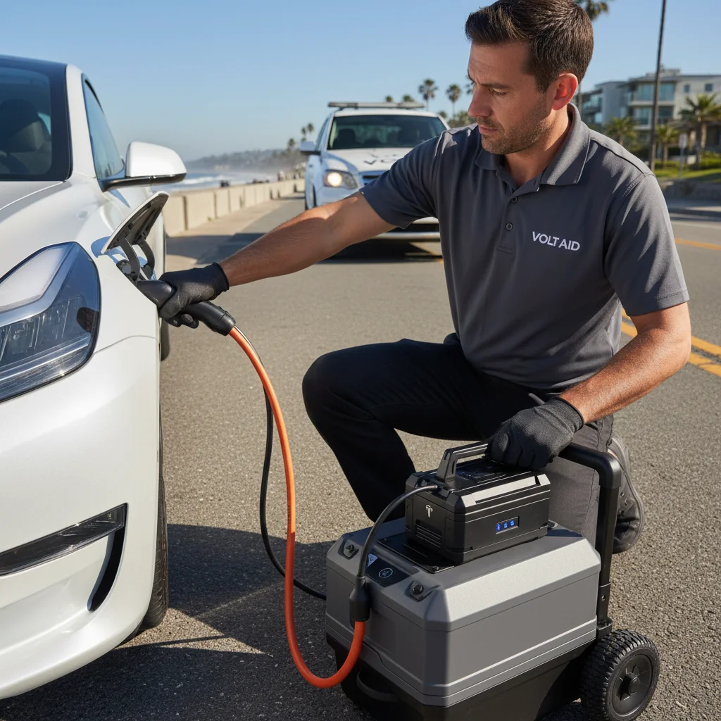 A charging connector held close to the charge port on a parked electric car