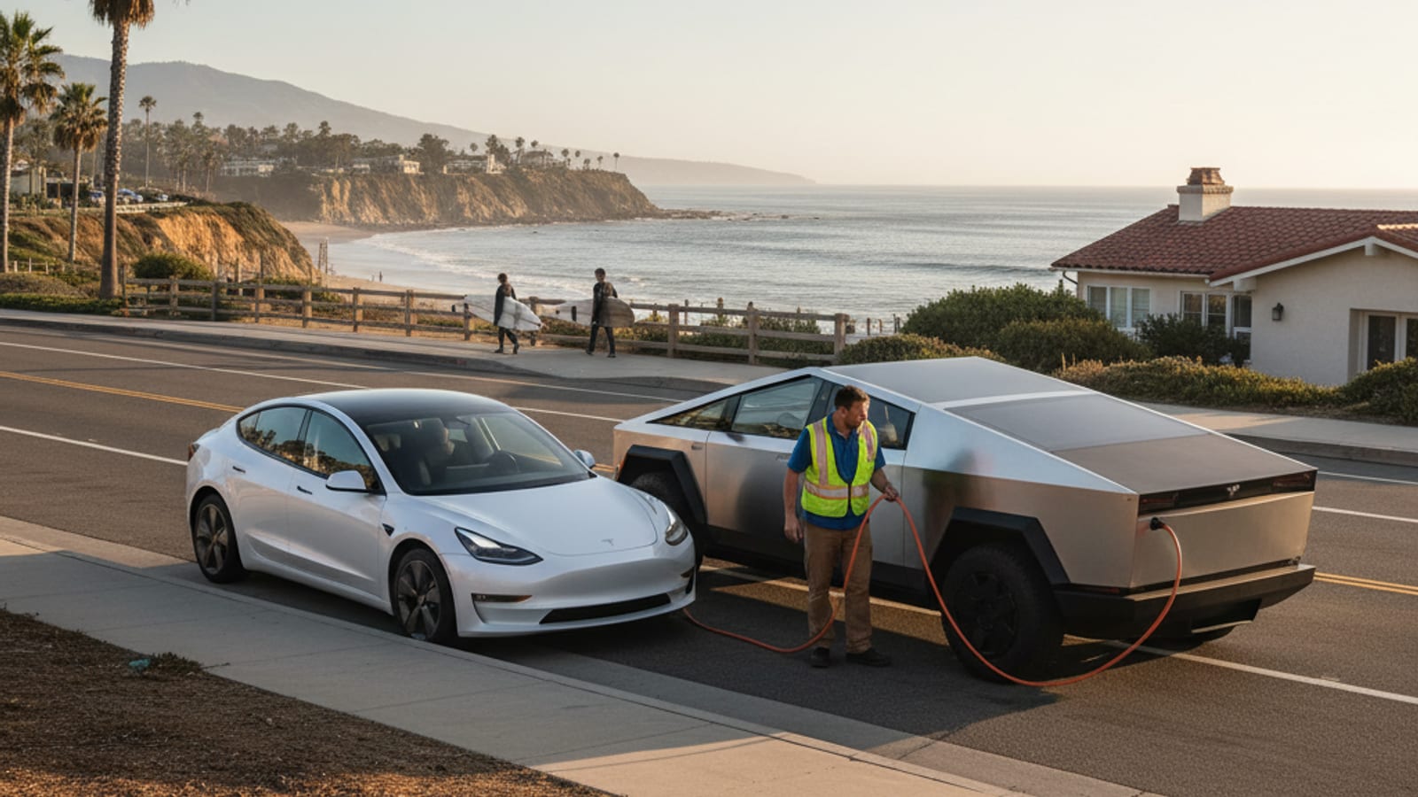 A person in a safety vest stands beside a dark sedan on a paved shoulder at dusk