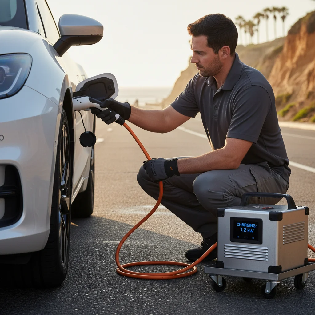 A charging connector held next to a passenger EV parked on asphalt