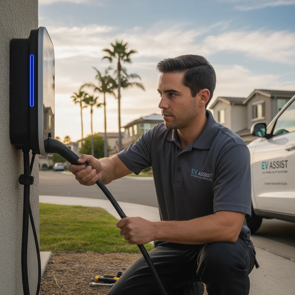 Technician connecting a charging cable to an EV on a residential street