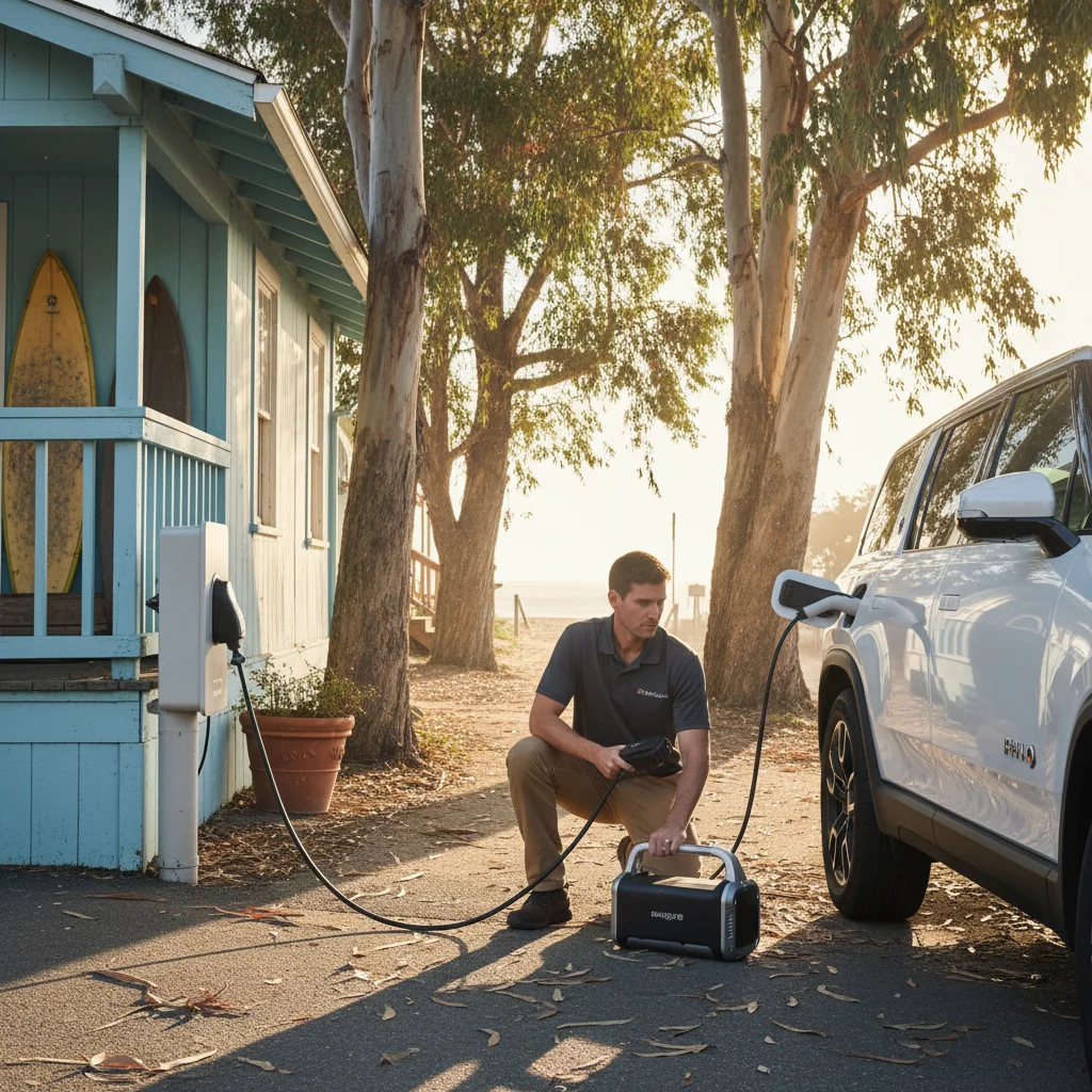 A charging cable plugged into an electric vehicle at the roadside
