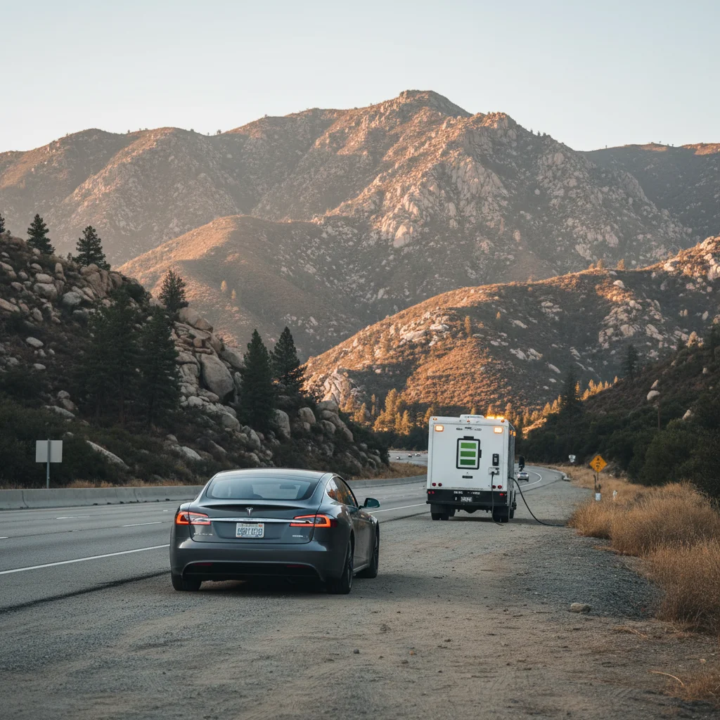 An EV stopped on a highway shoulder with hazard lights on while a driver waits inside