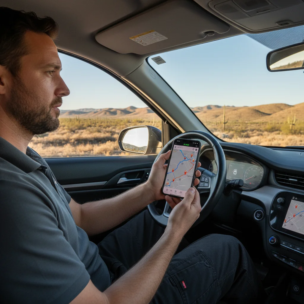 A driver in a parked EV looking at a phone during a long highway delay