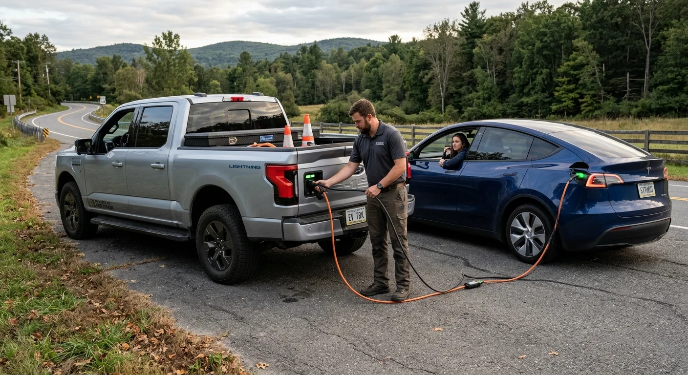 A Ford pickup parked beside a stranded EV, with a charging cable running from the truck bed to the other car's charge port