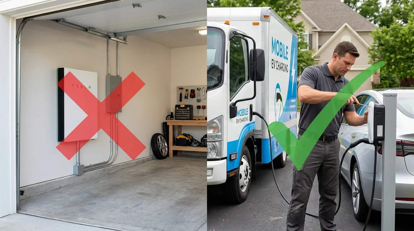 Split view of a wall-mounted home battery with a red X, and a charging truck plugged into an EV with a green check