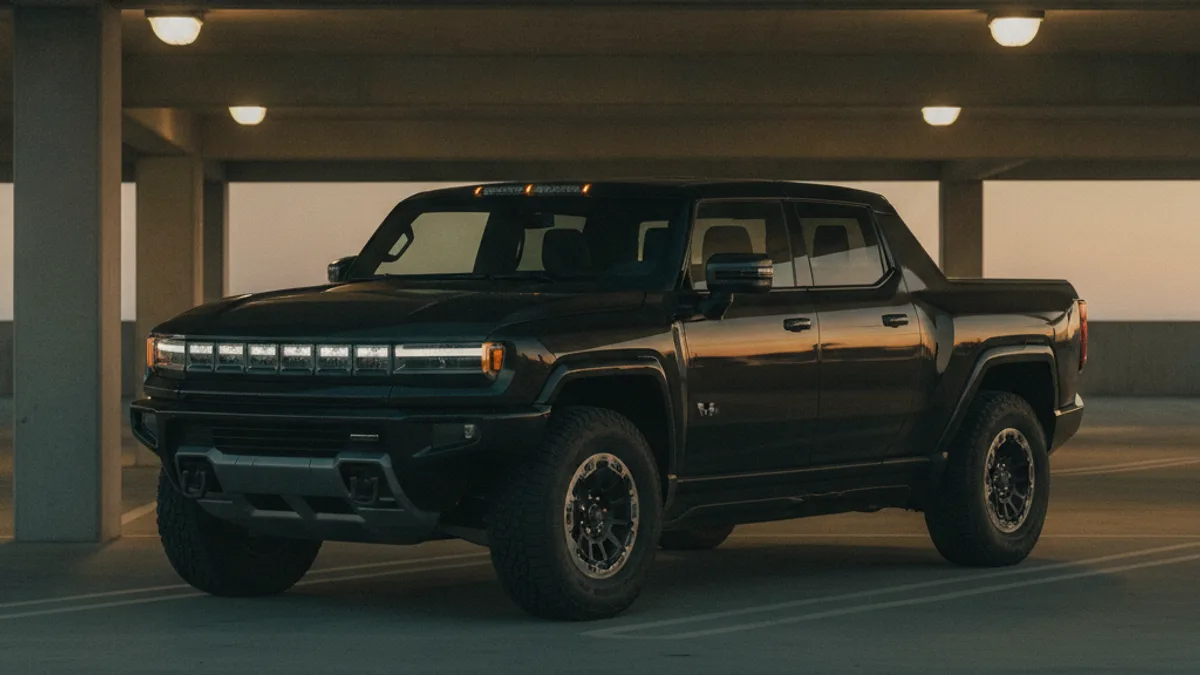 A large electric pickup parked in a dim garage with a dark, unlit cabin