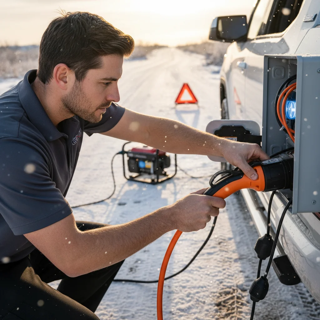 Person connecting a mobile charging cable to an electric truck charge port