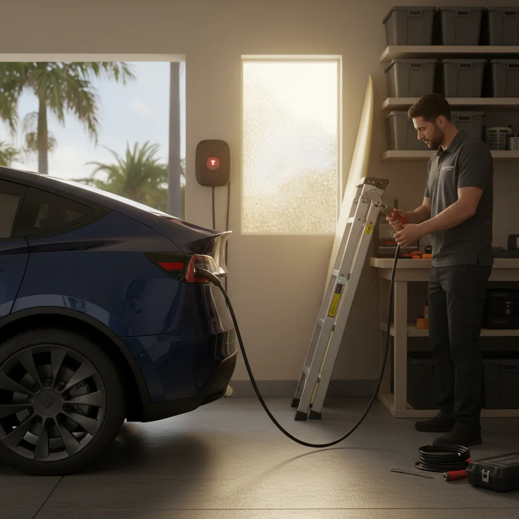 An EV at the curb with a charging cable plugged into the charge port
