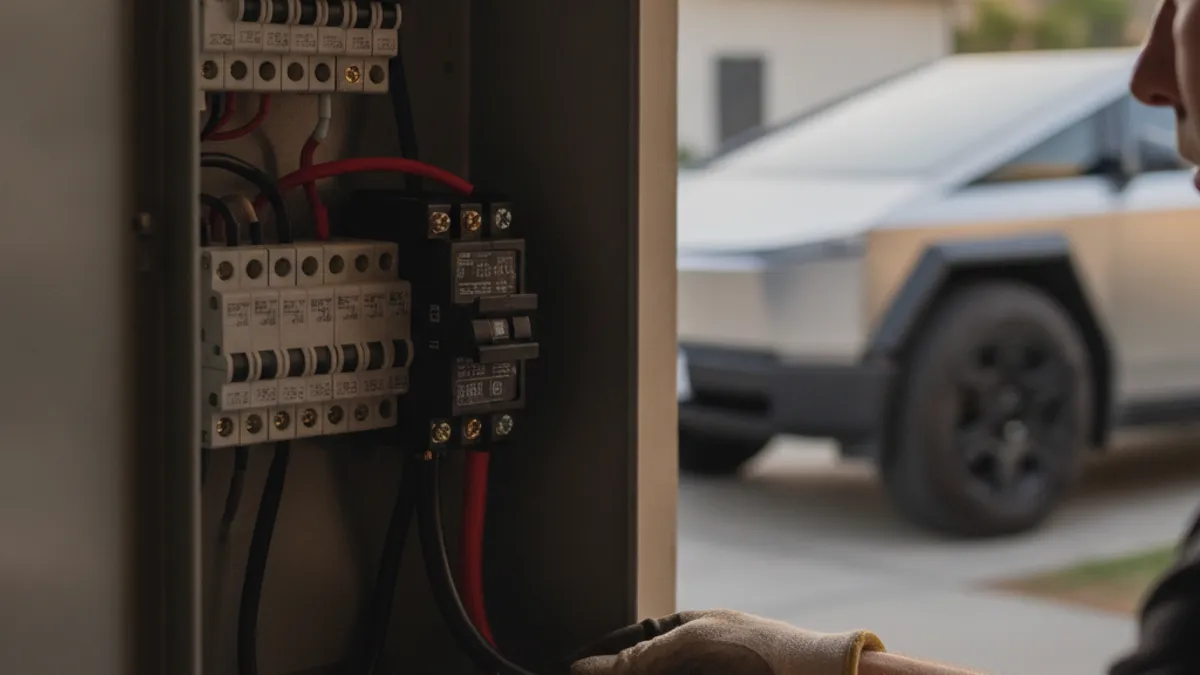 Hands working inside an open residential electrical panel, with a 240-volt breaker in view.