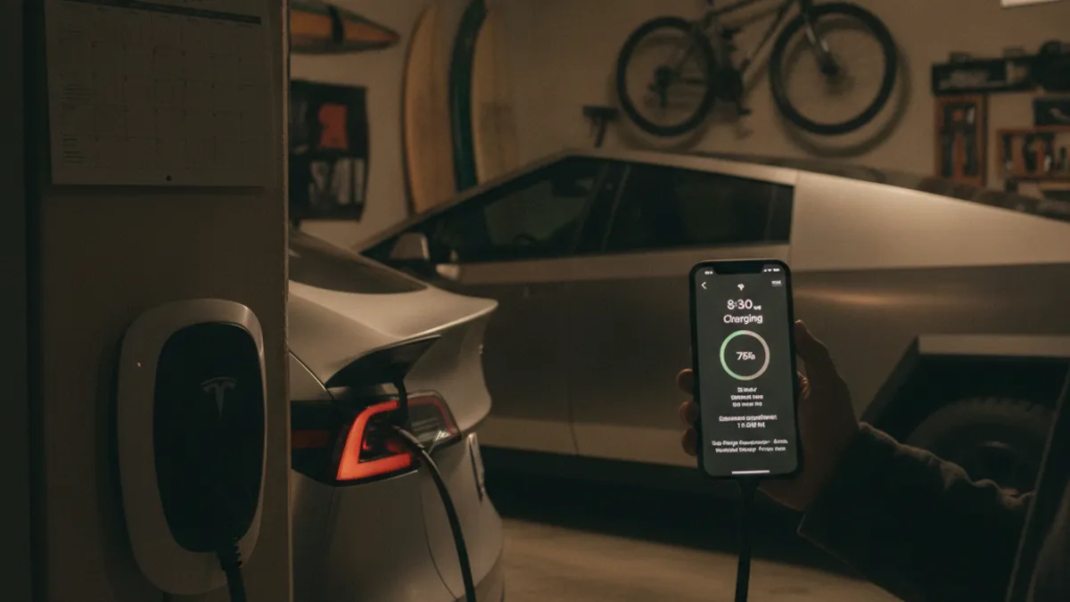 Tesla plugged into a wall charger in a home garage at night, phone showing the charging app on the screen