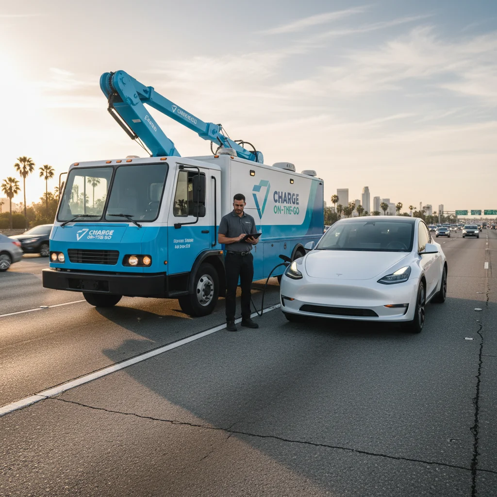 A roadside van on a paved shoulder with a charging cable plugged into an electric car.