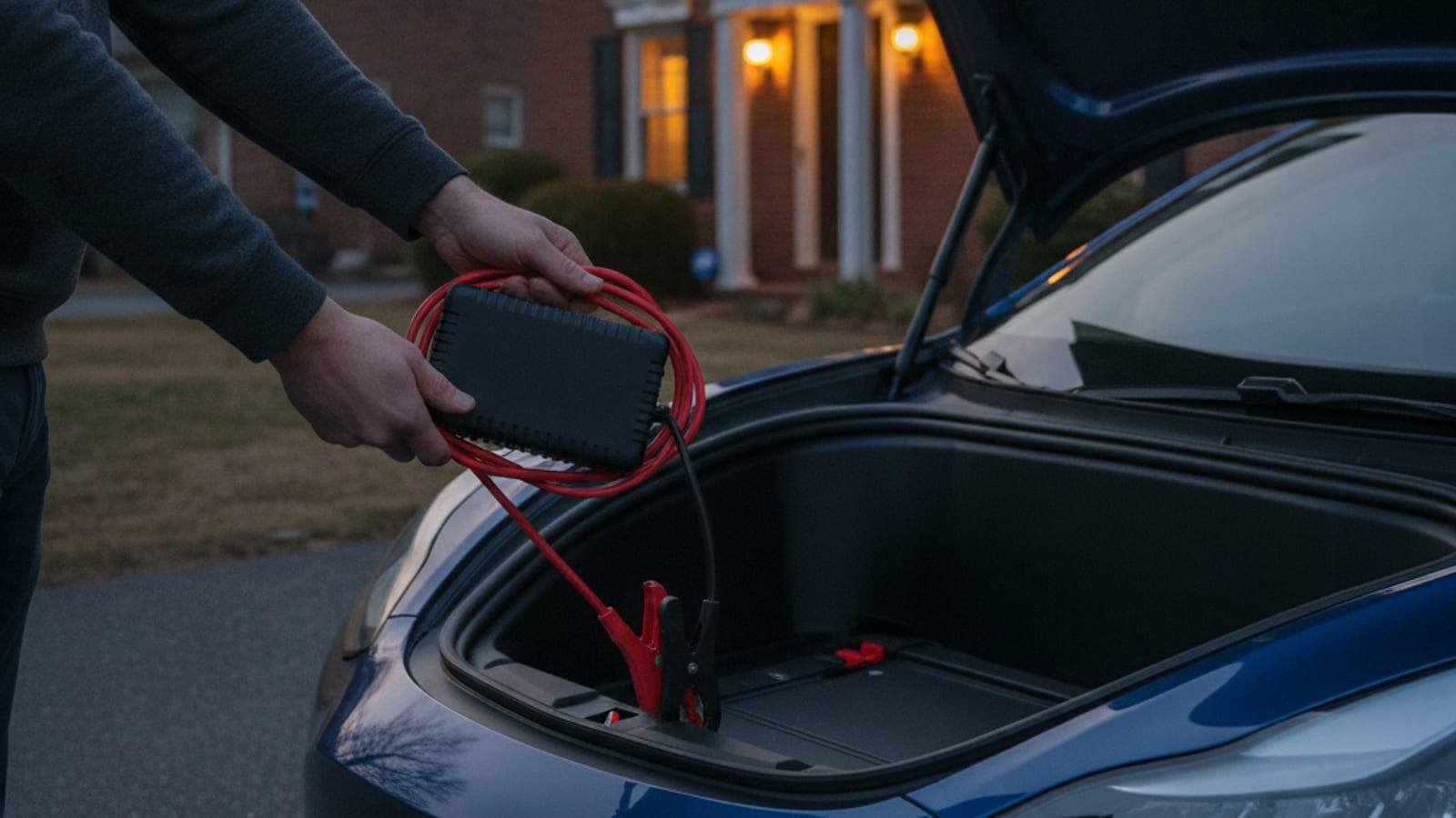 Portable lithium jump pack and jumper leads set out beside an electric car in a parking garage
