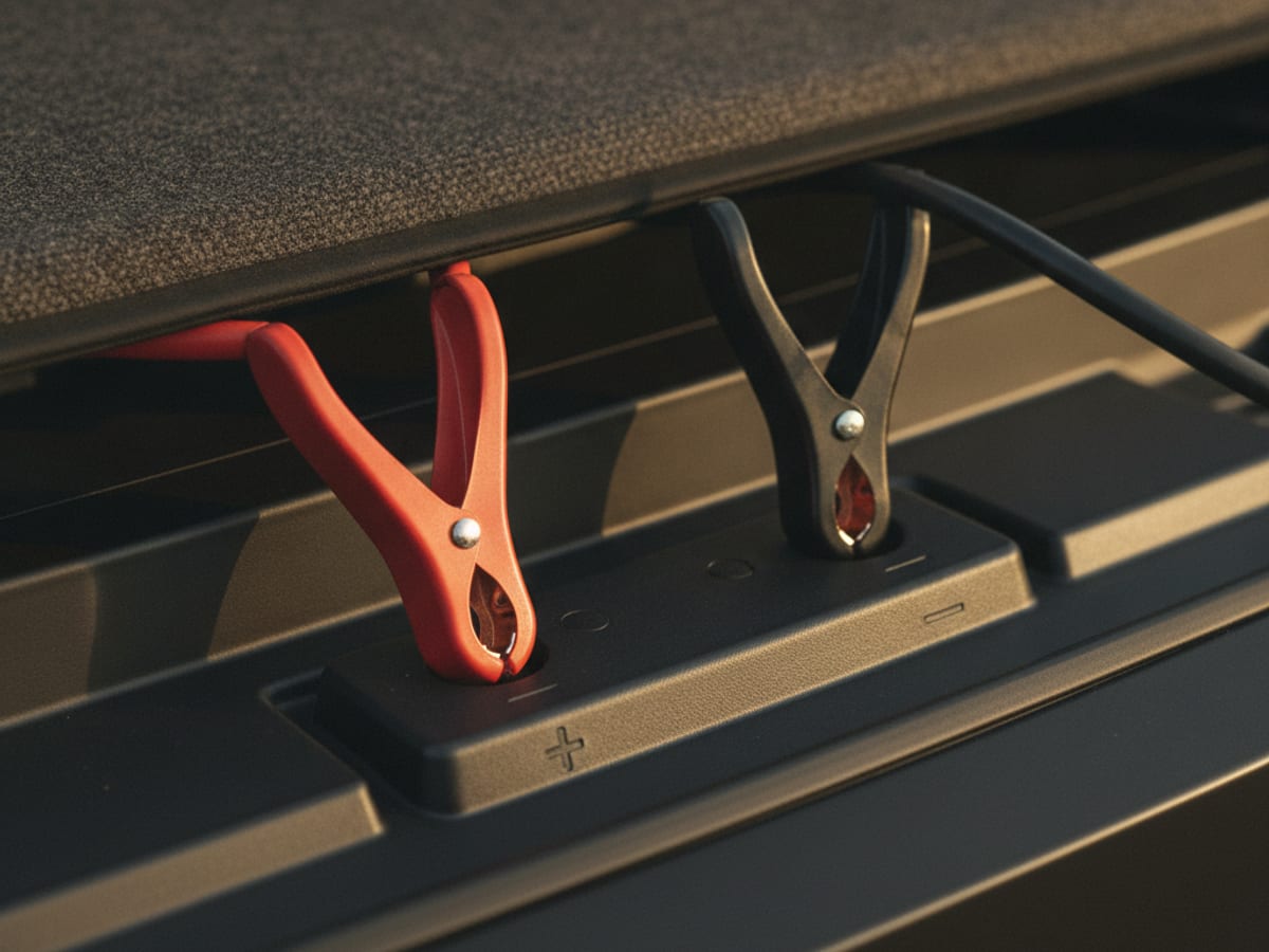 Red and black jumper leads clipped to a lithium jump pack with polarity labels visible