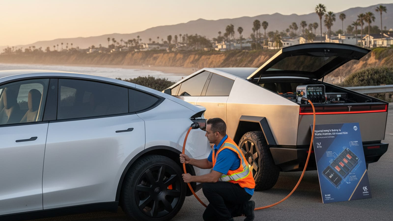 An electric crossover on a highway shoulder with a charging cable at the port