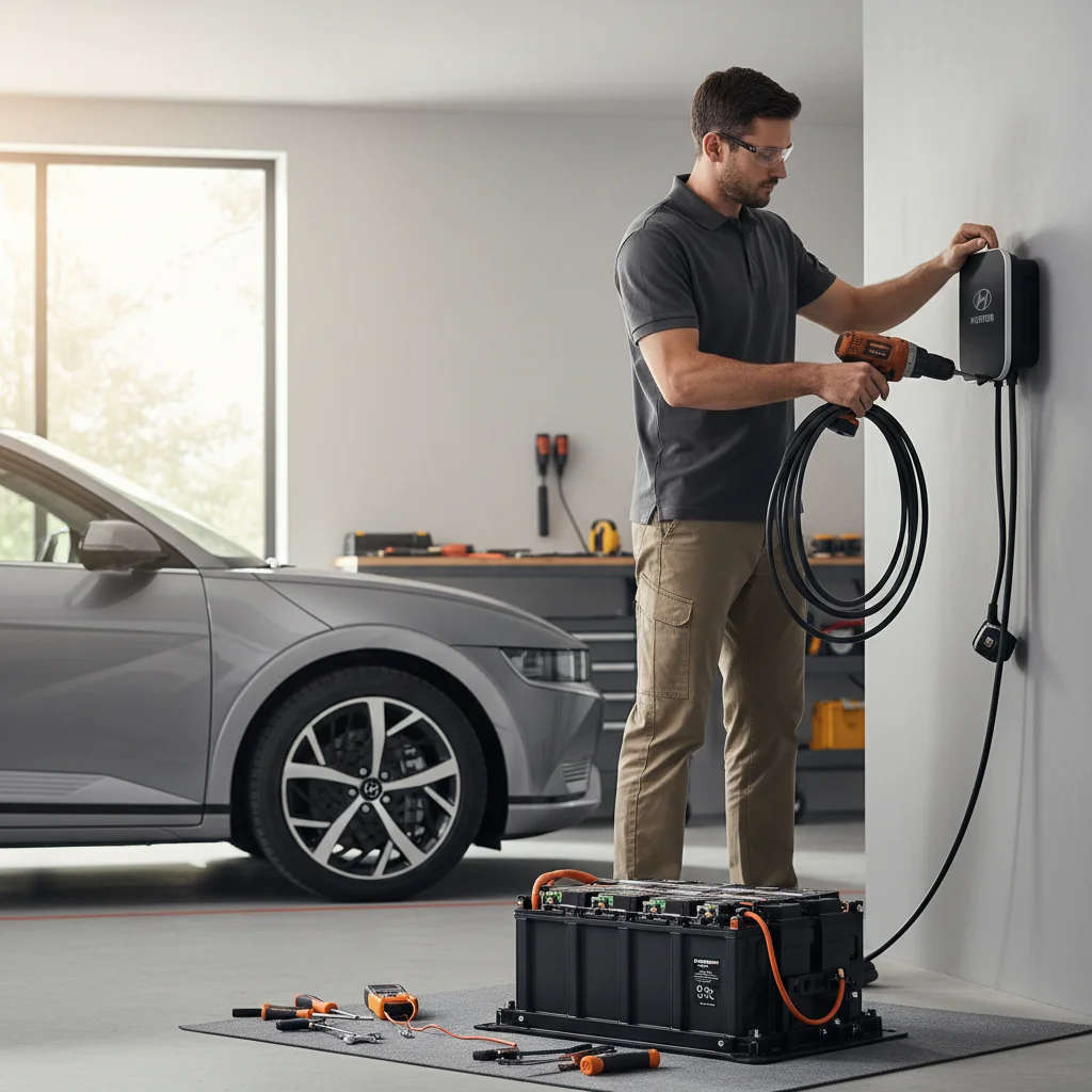 Hyundai Ioniq 5 plugged into a charging cable beside a mobile charger