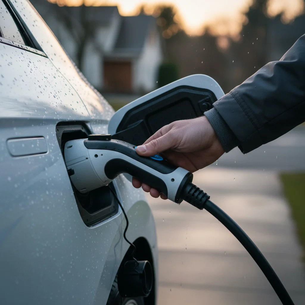 A driver holding a CCS handle locked in a Hyundai Ioniq 5 charge port.
