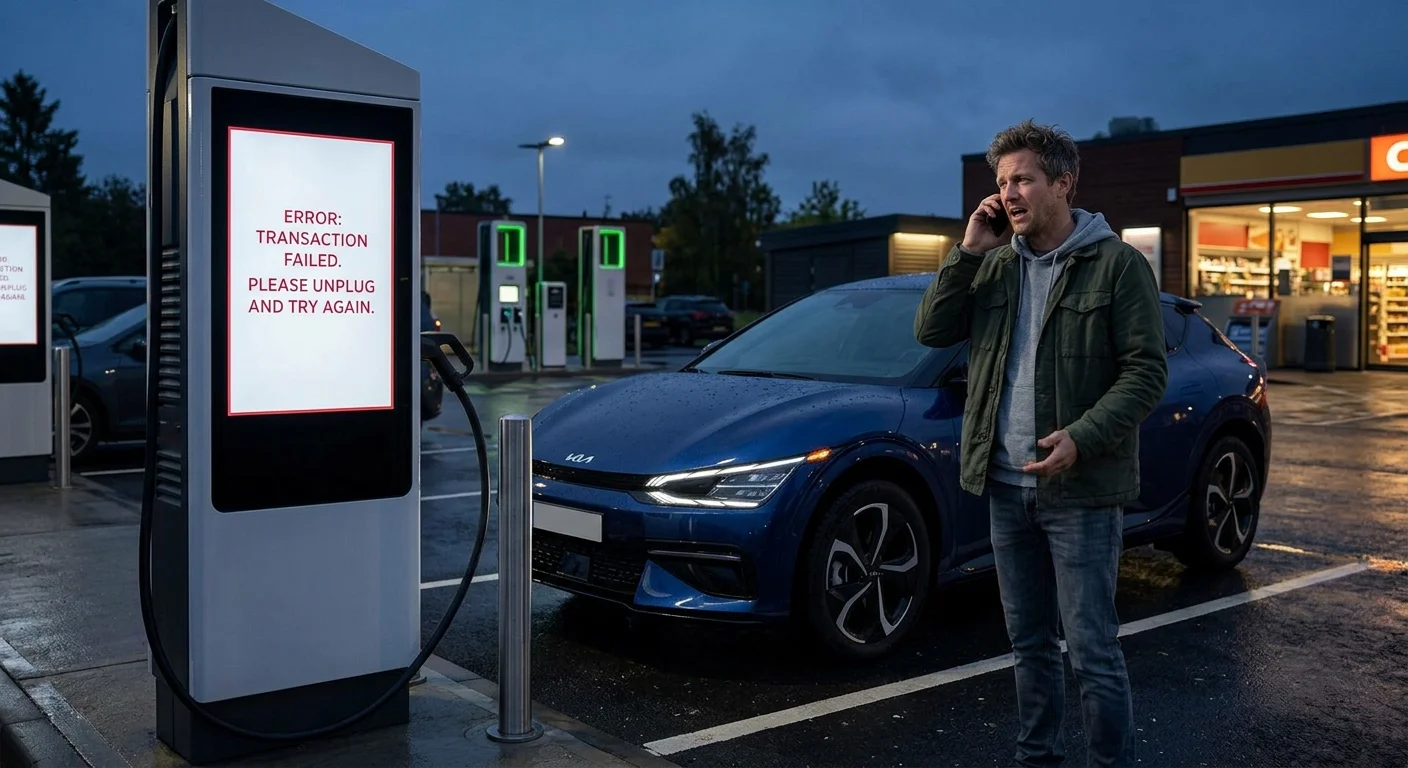 Kia EV6 at a charging stall at dusk with a charge error on the dash