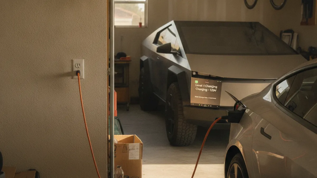 A Level 1 EV charger cord plugged into a standard 120-volt garage outlet, dashboard showing minimal miles added overnight