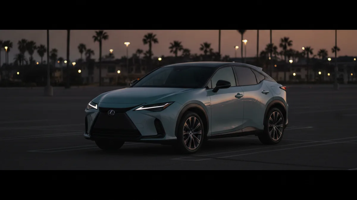 A Lexus RZ electric crossover in a dim garage with a dark, unlit dashboard, showing a car that will not start.
