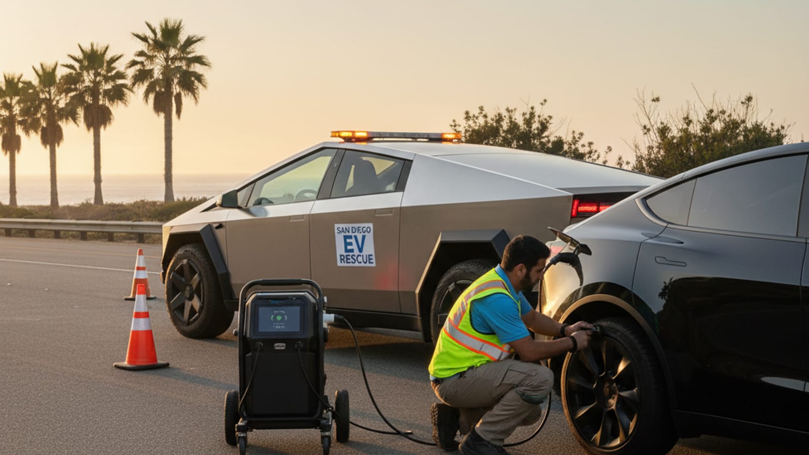 An electric car on a paved shoulder with a charging cable at the charge port