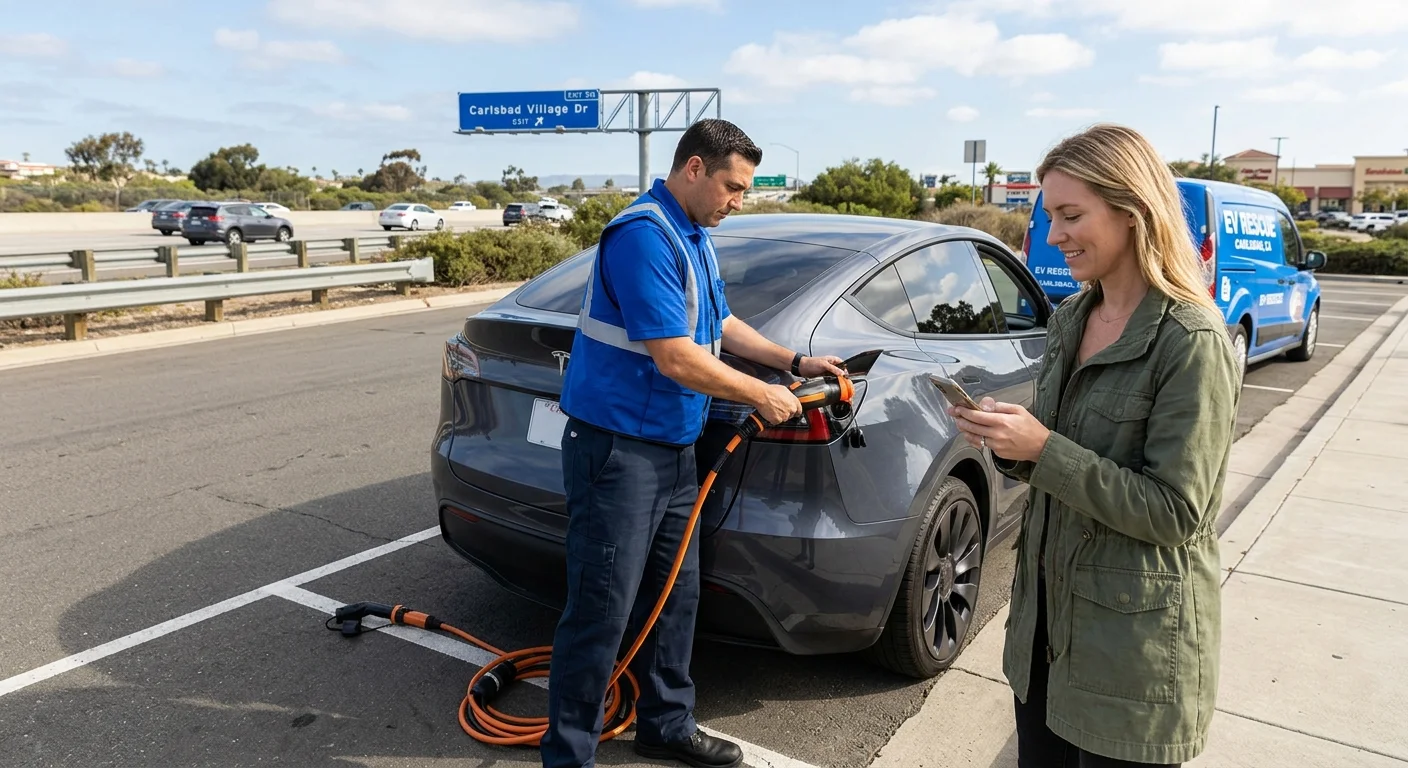 An electric vehicle parked on a paved shoulder with hazard lights on, away from travel lanes