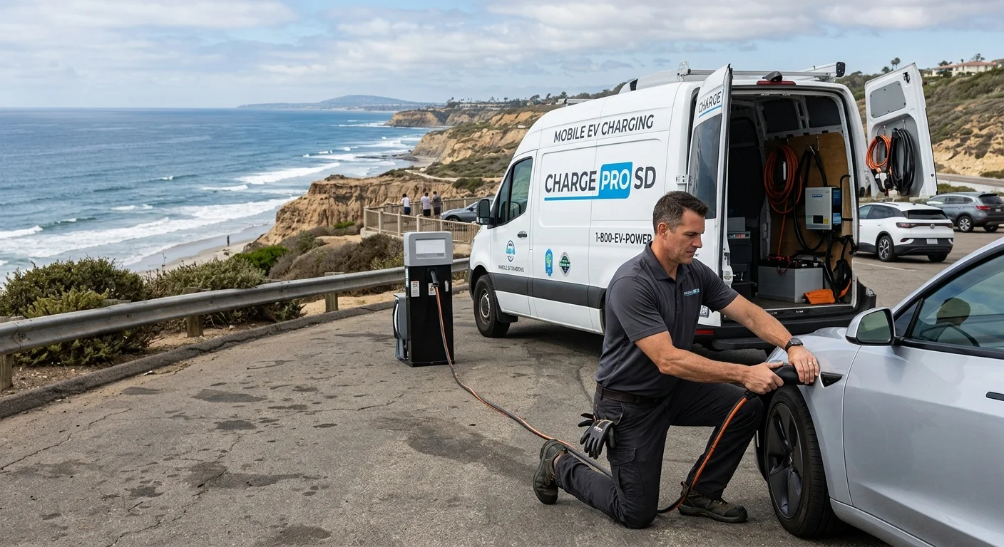 A mobile charging van connected to an electric car on a paved roadside shoulder