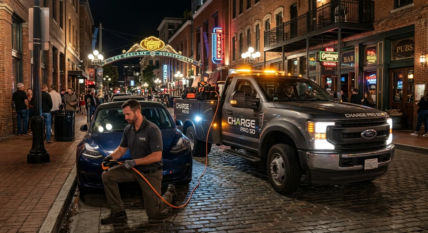 A mobile rescue van parked beside a stalled electric car on a city street