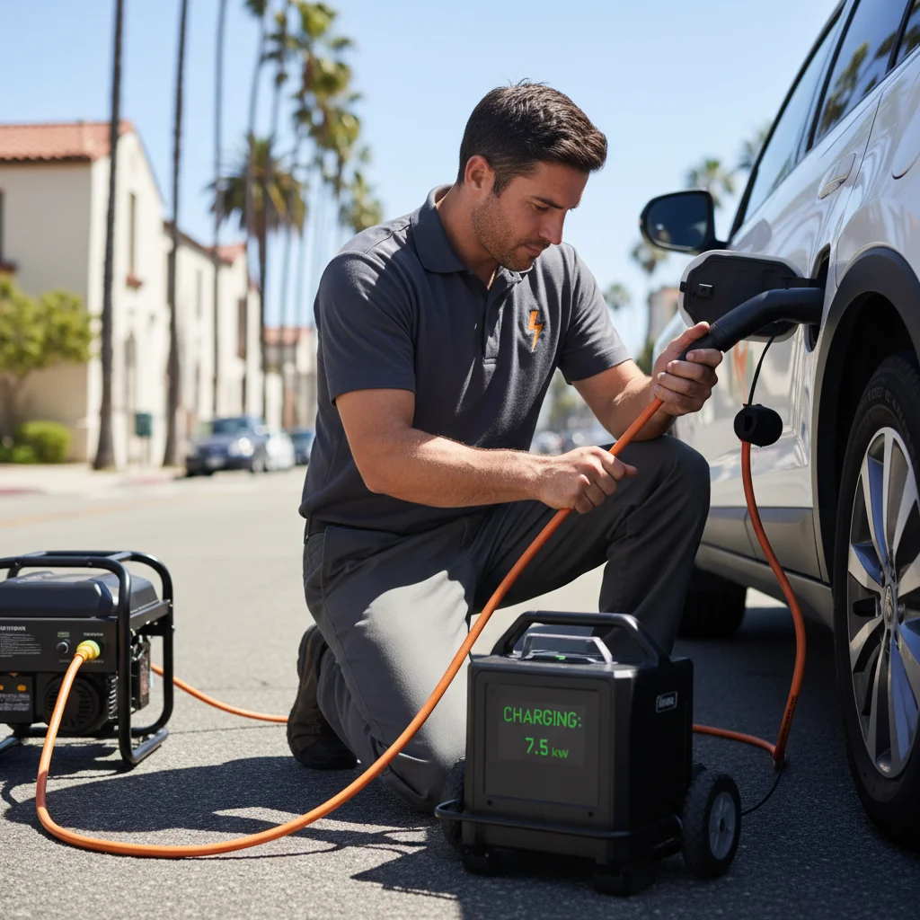 Charging cable connected to an EV port beside a mobile rescue truck at the curb