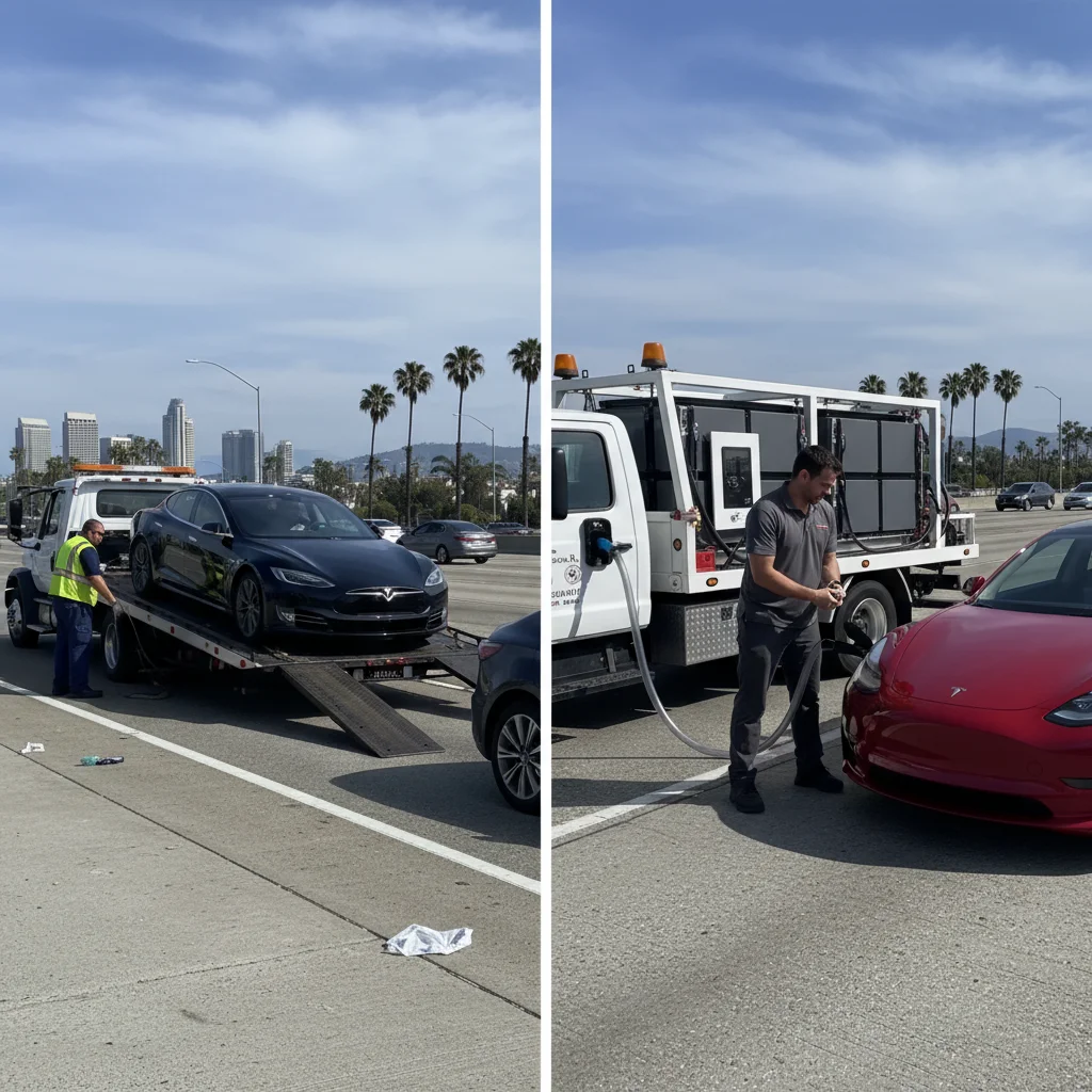A flatbed loading an electric car beside a mobile charger plugged into an EV on a freeway shoulder