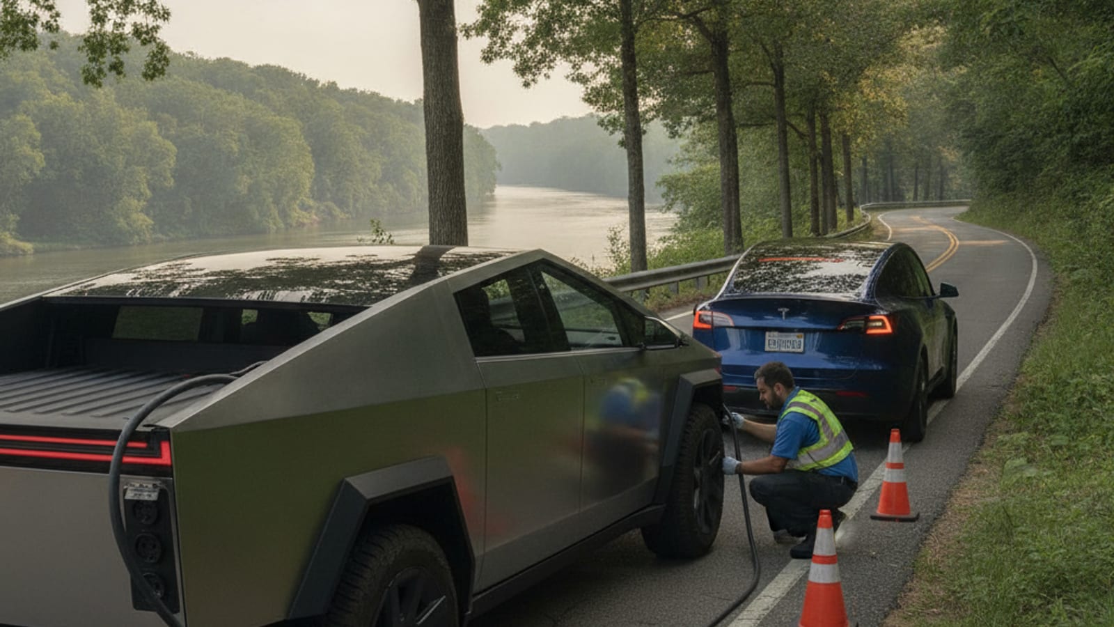 Dark EV on a narrow paved shoulder with hazard lights on